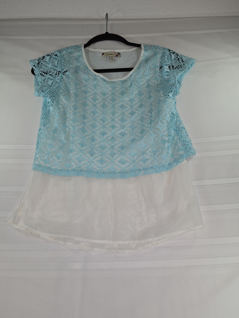 Speechless Aqua Crochet Overlay Tunic with Cream Underlayer